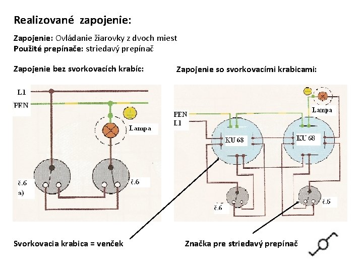 Realizované zapojenie: Zapojenie: Ovládanie žiarovky z dvoch miest Použité prepínače: striedavý prepínač Zapojenie bez