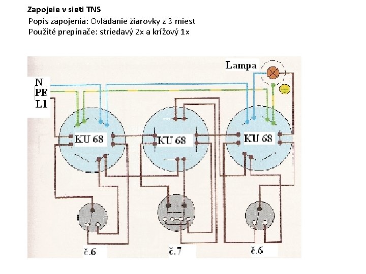 Zapojeie v sieti TNS Popis zapojenia: Ovládanie žiarovky z 3 miest Použité prepínače: striedavý