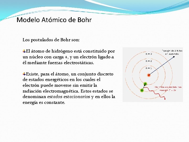 Modelo Atómico de Bohr Los postulados de Bohr son: El átomo de hidrógeno está