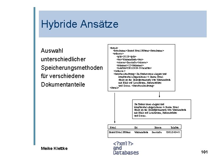 Hybride Ansätze Auswahl unterschiedlicher Speicherungsmethoden für verschiedene Dokumentanteile <hotel> <hotelname>Strand Hotel Hübner</hotelname> <adresse> <plz>18119</plz>