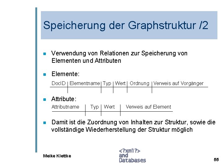 Speicherung der Graphstruktur /2 n Verwendung von Relationen zur Speicherung von Elementen und Attributen