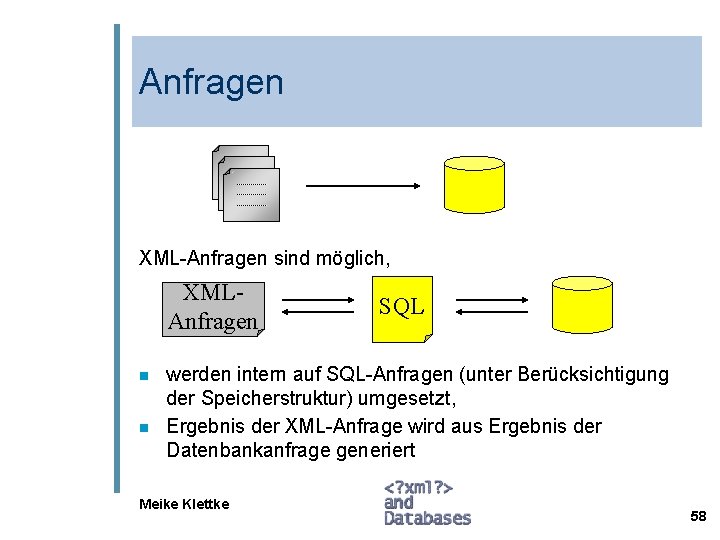 Anfragen XML-Anfragen sind möglich, XMLAnfragen n n SQL werden intern auf SQL-Anfragen (unter Berücksichtigung