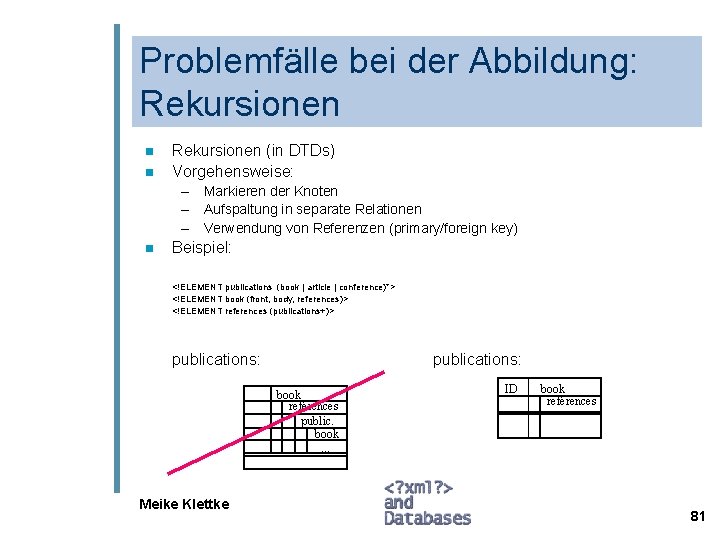Problemfälle bei der Abbildung: Rekursionen n n Rekursionen (in DTDs) Vorgehensweise: – Markieren der