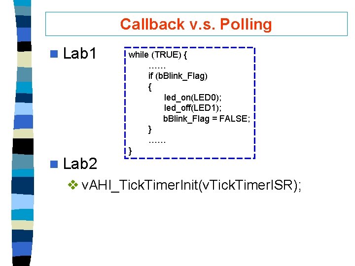 Callback v. s. Polling n Lab 1 n Lab 2 while (TRUE) { ……