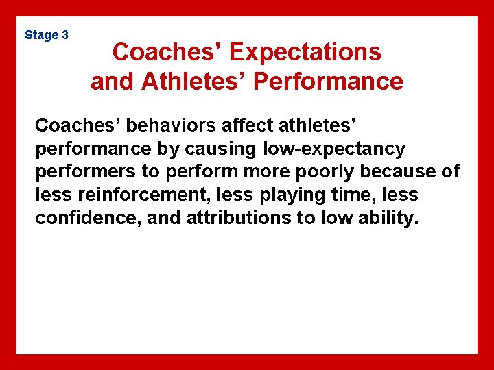 Stage 3 Coaches’ Expectations and Athletes’ Performance Coaches’ behaviors affect athletes’ performance by causing