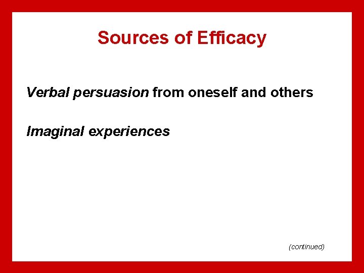 Sources of Efficacy Verbal persuasion from oneself and others Imaginal experiences (continued) 