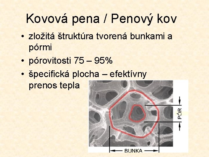 Kovová pena / Penový kov • zložitá štruktúra tvorená bunkami a pórmi • pórovitosti