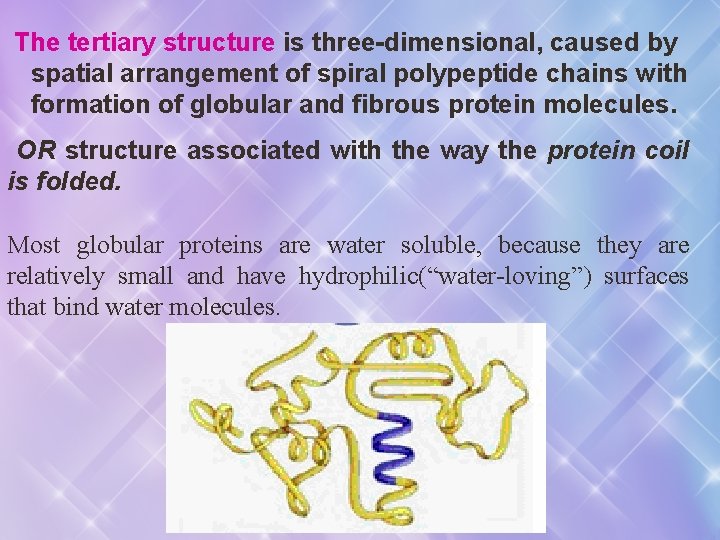 The tertiary structure is three-dimensional, caused by spatial arrangement of spiral polypeptide chains with