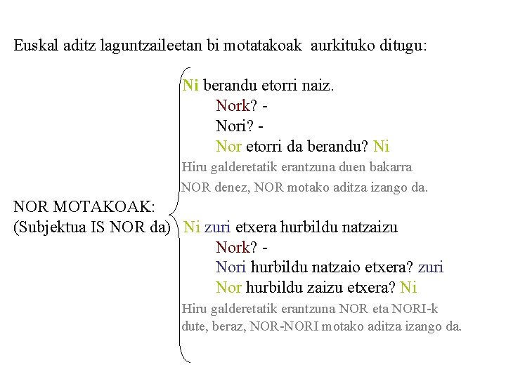 Euskal aditz laguntzaileetan bi motatakoak aurkituko ditugu: Ni berandu etorri naiz. Nork? Nori? Nor