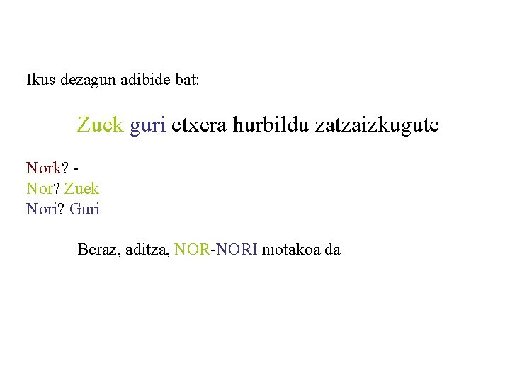 Ikus dezagun adibide bat: Zuek guri etxera hurbildu zatzaizkugute Nork? Nor? Zuek Nori? Guri