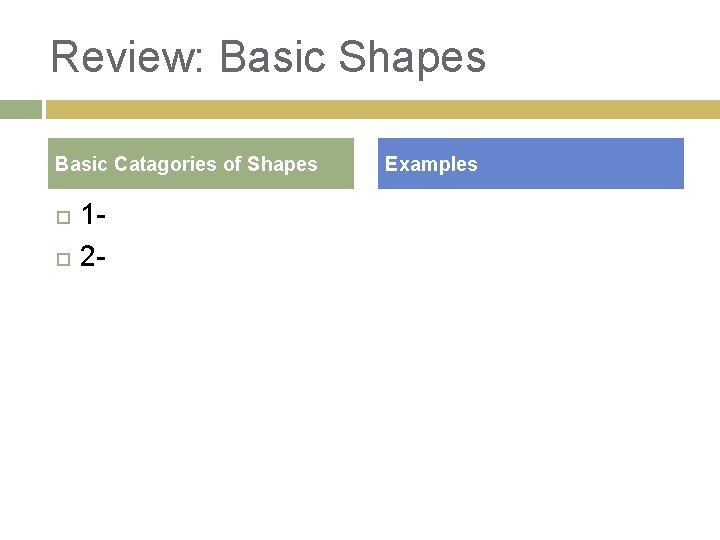 Review: Basic Shapes Basic Catagories of Shapes 12 - Examples 