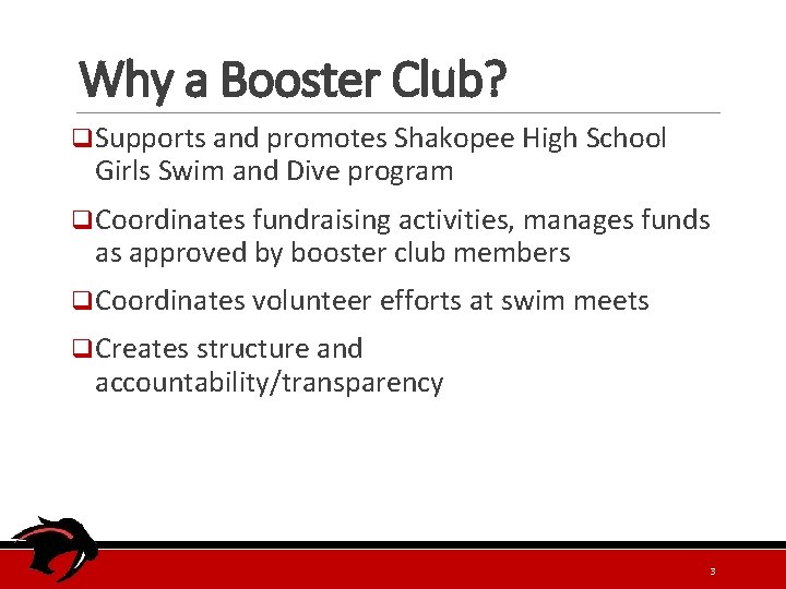 Why a Booster Club? q Supports and promotes Shakopee High School Girls Swim and