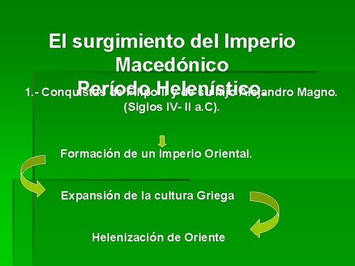 El surgimiento del Imperio Macedónico Período Helenístico. 1. - Conquistas de Filipo II y