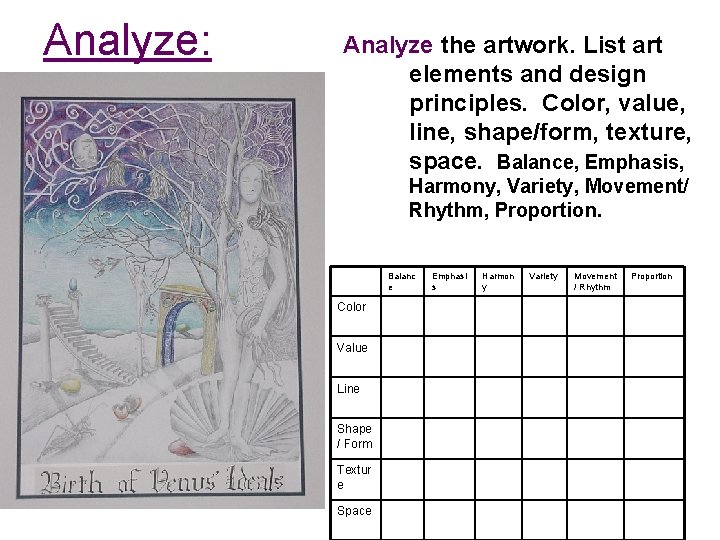 Analyze: Analyze the artwork. List art elements and design principles. Color, value, line, shape/form,