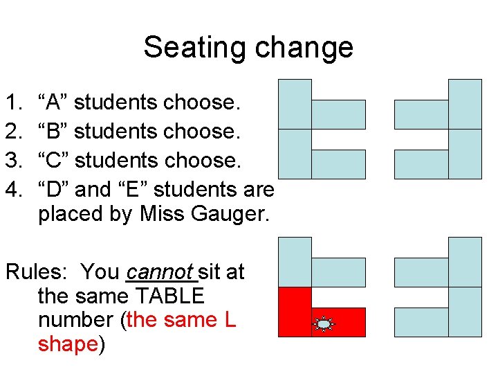 Seating change 1. 2. 3. 4. “A” students choose. “B” students choose. “C” students