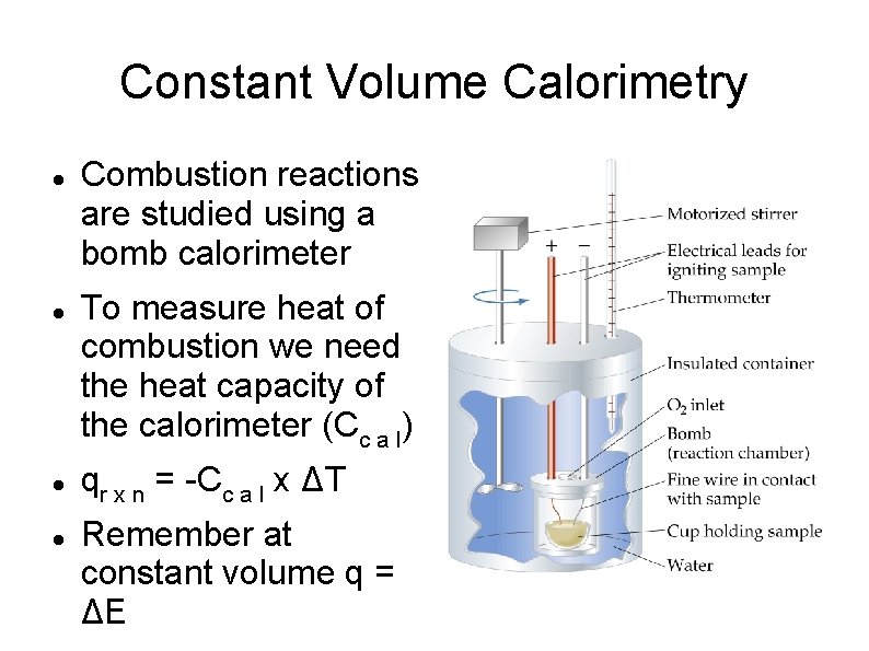 Constant Volume Calorimetry Combustion reactions are studied using a bomb calorimeter To measure heat