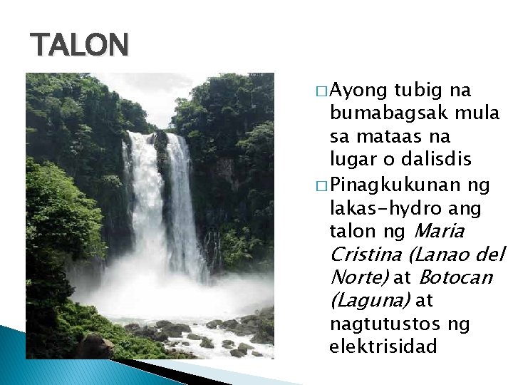 TALON � Ayong tubig na bumabagsak mula sa mataas na lugar o dalisdis �