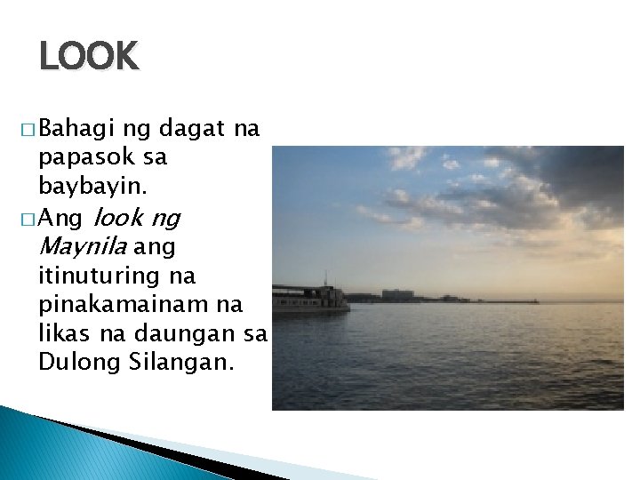 LOOK � Bahagi ng dagat na papasok sa baybayin. � Ang look ng Maynila