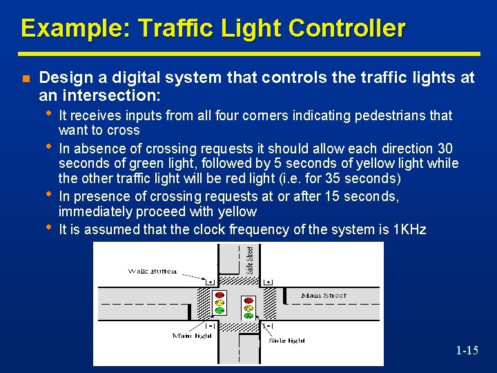 Example: Traffic Light Controller n Design a digital system that controls the traffic lights