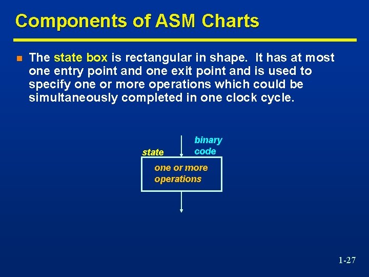 Components of ASM Charts n The state box is rectangular in shape. It has