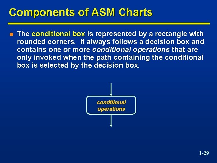 Components of ASM Charts n The conditional box is represented by a rectangle with