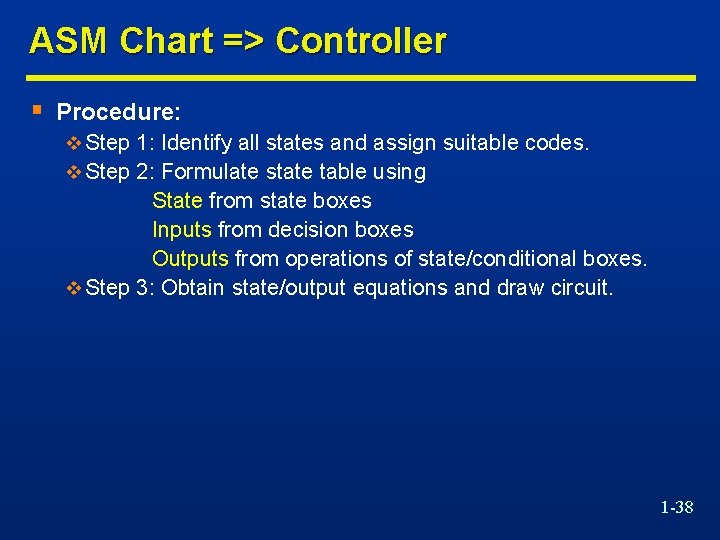 ASM Chart => Controller § Procedure: v Step 1: Identify all states and assign