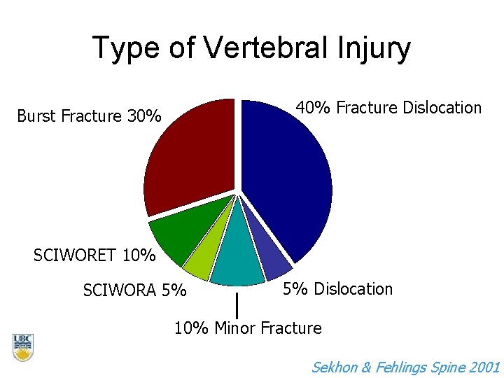 Type of Vertebral Injury 40% Fracture Dislocation Burst Fracture 30% SCIWORET 10% SCIWORA 5%