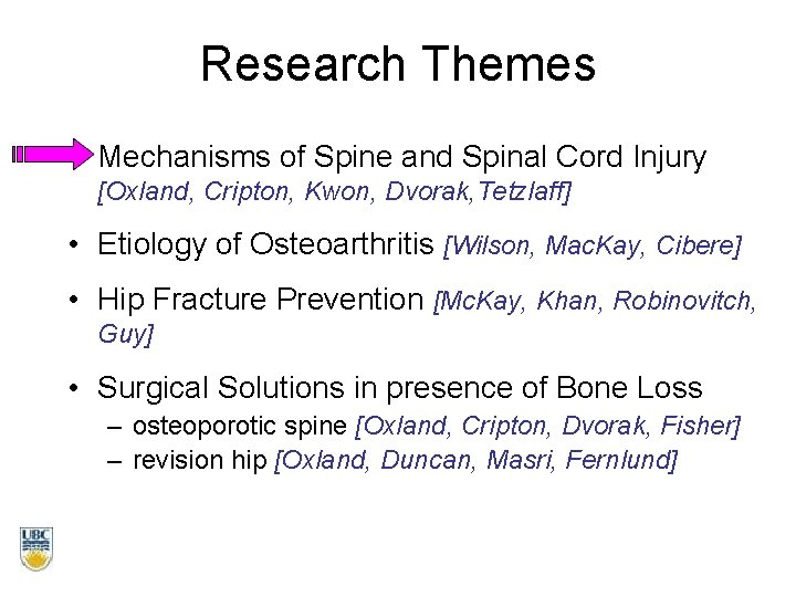 Research Themes • Mechanisms of Spine and Spinal Cord Injury [Oxland, Cripton, Kwon, Dvorak,