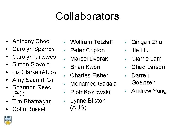 Collaborators • • Anthony Choo Carolyn Sparrey Carolyn Greaves Simon Sjovold Liz Clarke (AUS)