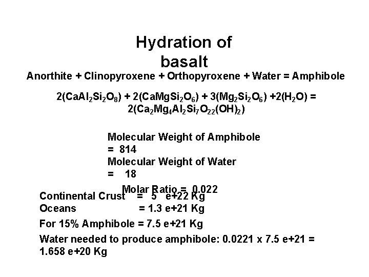 Hydration of basalt Anorthite + Clinopyroxene + Orthopyroxene + Water = Amphibole 2(Ca. Al