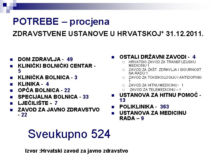 POTREBE – procjena ZDRAVSTVENE USTANOVE U HRVATSKOJ* 31. 12. 2011. n n n n