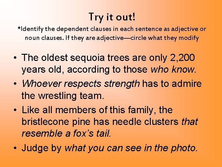 Try it out! *Identify the dependent clauses in each sentence as adjective or noun