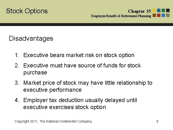 Stock Options Chapter 35 Employee Benefit & Retirement Planning Disadvantages 1. Executive bears market