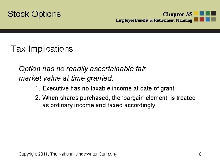 Stock Options Chapter 35 Employee Benefit & Retirement Planning Tax Implications Option has no