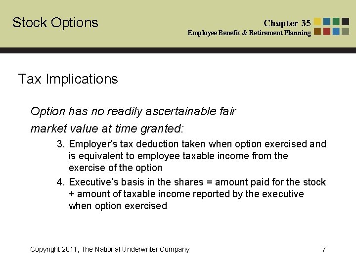 Stock Options Chapter 35 Employee Benefit & Retirement Planning Tax Implications Option has no