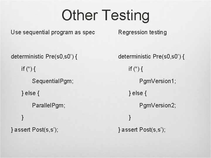 Other Testing Use sequential program as spec Regression testing deterministic Pre(s 0, s 0’)
