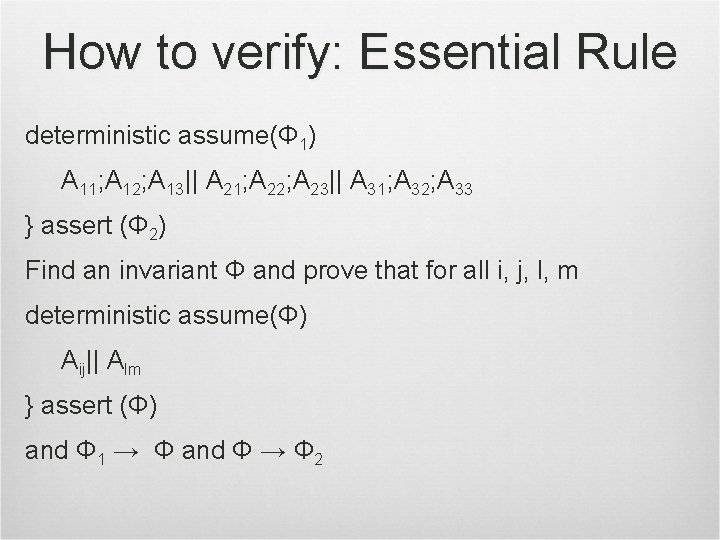 How to verify: Essential Rule deterministic assume(Φ 1) A 11; A 12; A 13||