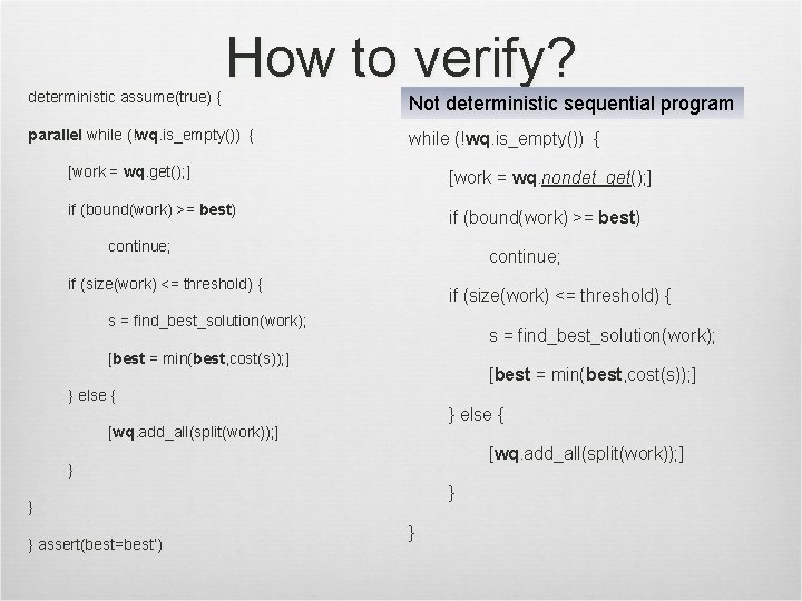 deterministic assume(true) { How to verify? parallel while (!wq. is_empty()) { Not deterministic sequential