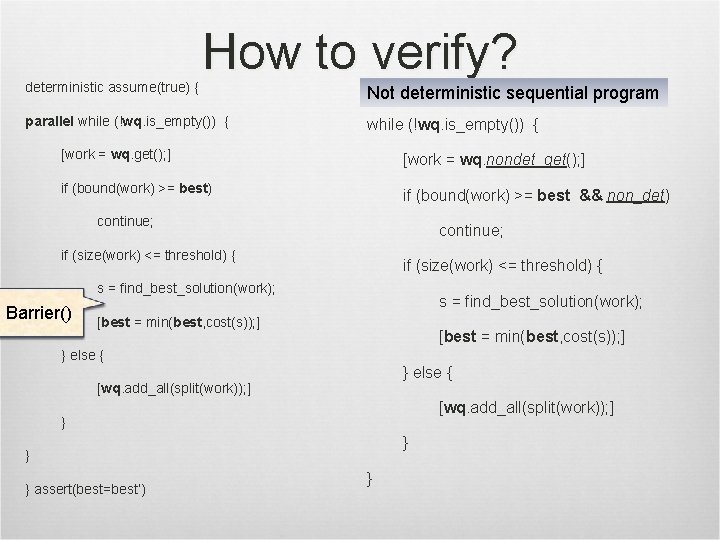 deterministic assume(true) { How to verify? parallel while (!wq. is_empty()) { Not deterministic sequential