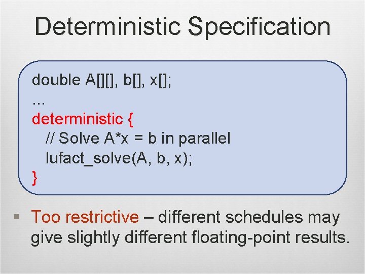 Deterministic Specification double A[][], b[], x[]; . . . deterministic { // Solve A*x
