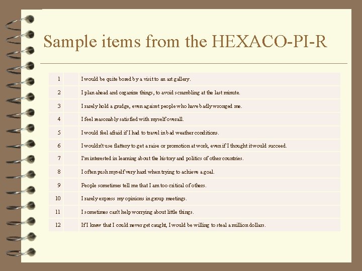 Sample items from the HEXACO-PI-R 1 I would be quite bored by a visit