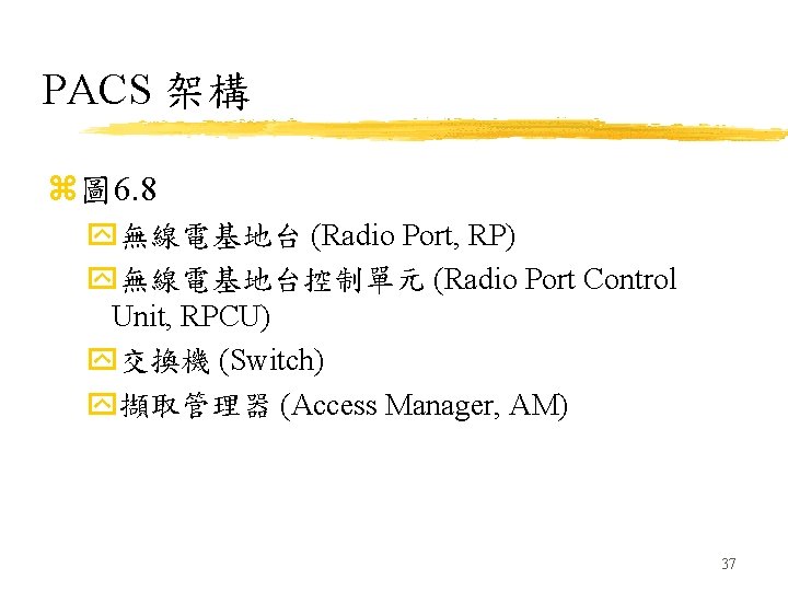 PACS 架構 z圖 6. 8 y無線電基地台 (Radio Port, RP) y無線電基地台控制單元 (Radio Port Control Unit,