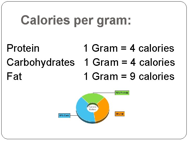 Calories per gram: Protein 1 Gram = 4 calories Carbohydrates 1 Gram = 4