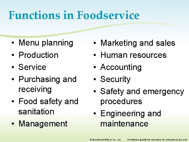 Functions in Foodservice • • Menu planning Production Service Purchasing and receiving • Food