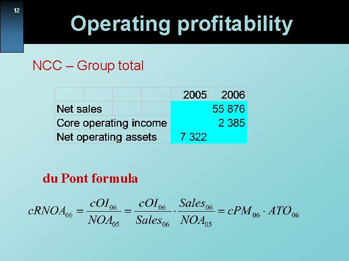 12 Operating profitability NCC – Group total du Pont formula 