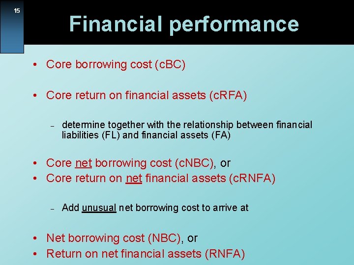 15 Financial performance • Core borrowing cost (c. BC) • Core return on financial