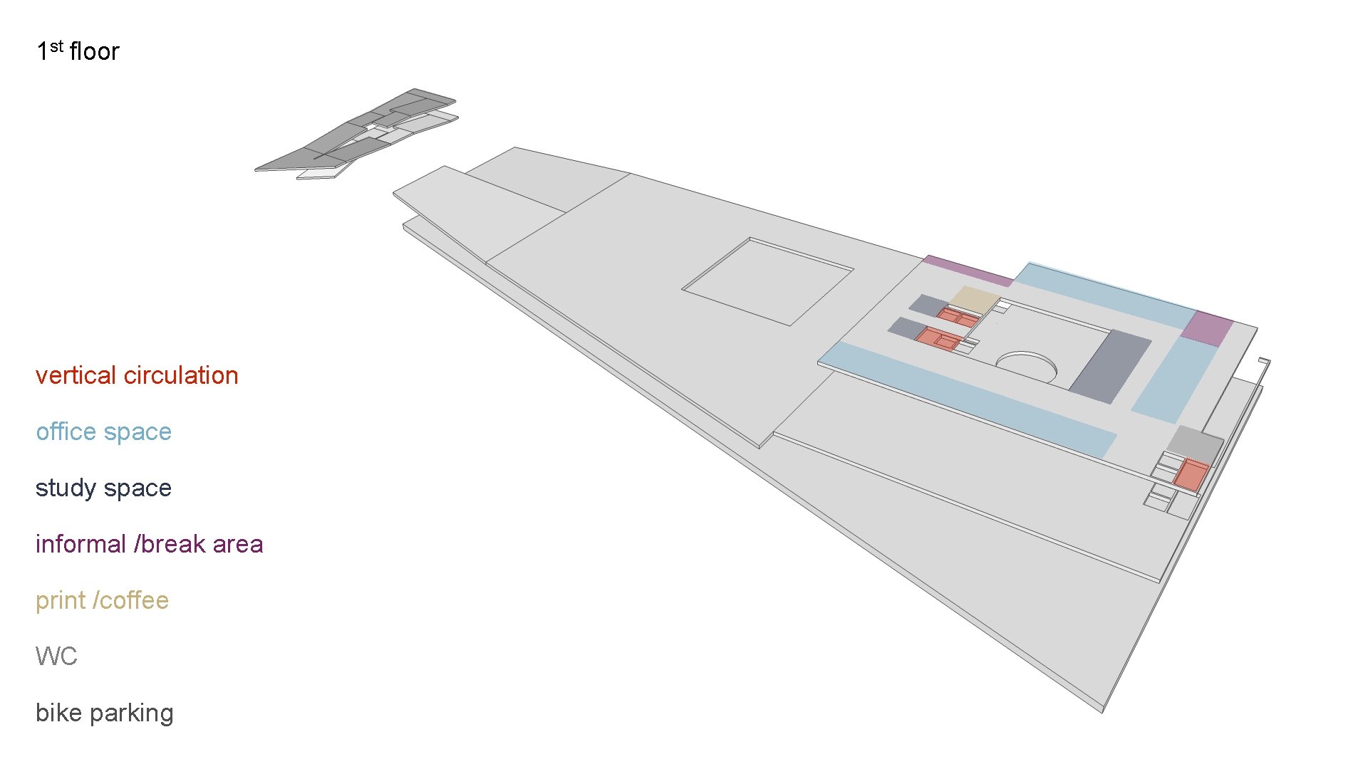 1 st floor vertical circulation office space study space informal /break area print /coffee