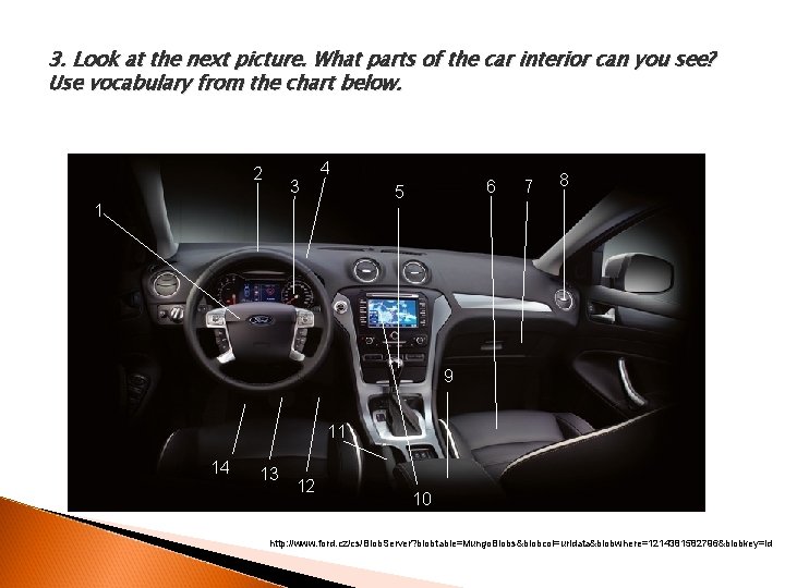 3. Look at the next picture. What parts of the car interior can you