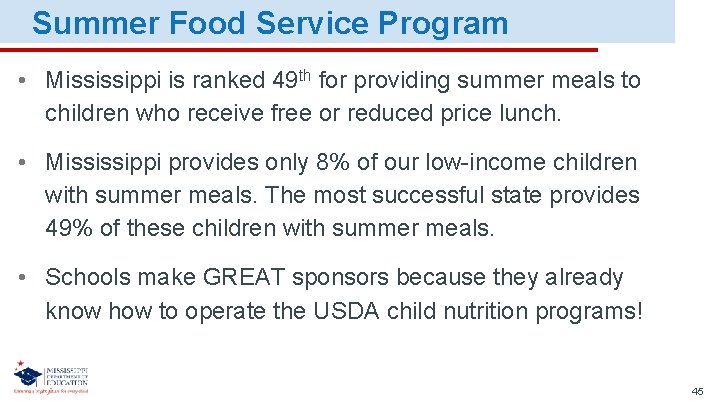 Summer Food Service Program • Mississippi is ranked 49 th for providing summer meals