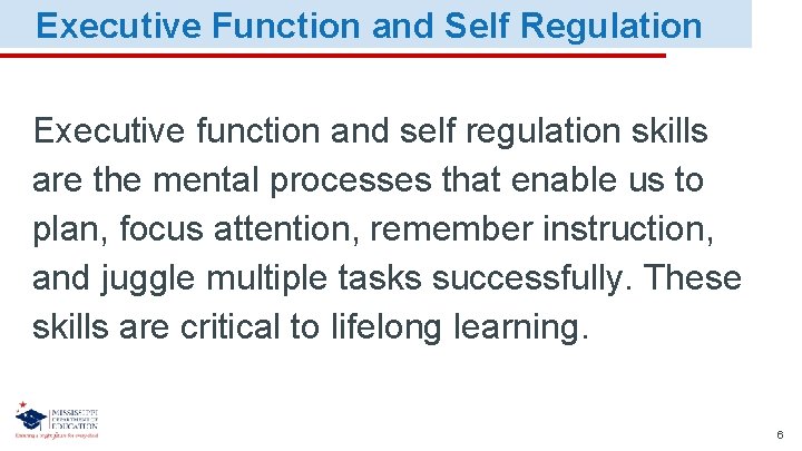 Executive Function and Self Regulation Executive function and self regulation skills are the mental